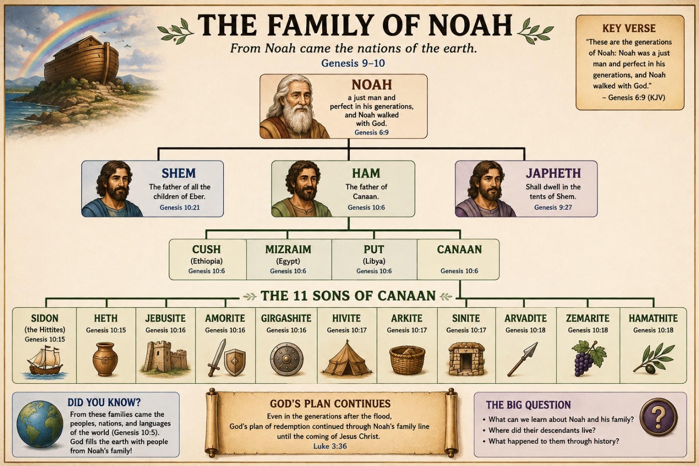 Family of Noah chart showing Shem, Ham, Japheth, Canaan and the sons of Canaan