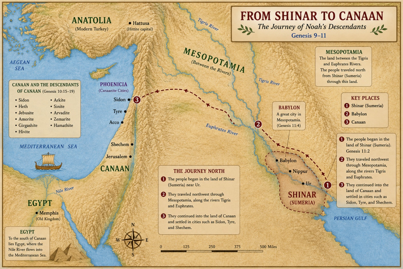 Map showing a proposed journey from Shinar to Canaan