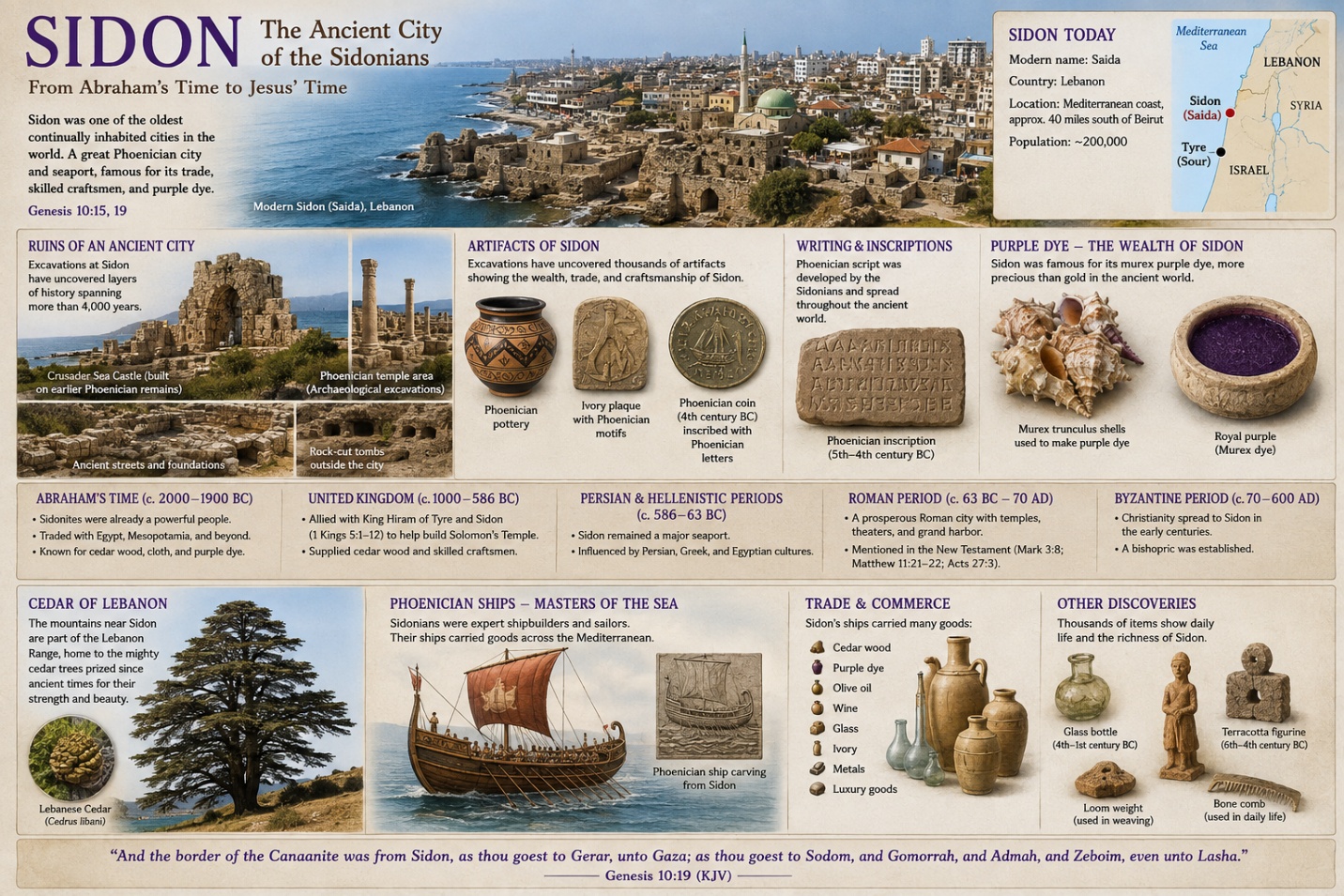 Sidon infographic showing the ancient city, artifacts, purple dye, cedar, Phoenician ships and trade