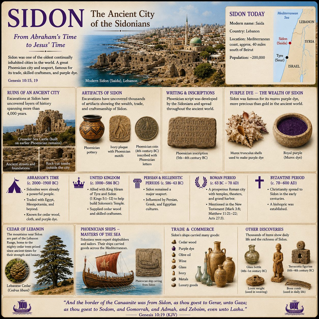 Detailed Sidon infographic showing the ancient city, artifacts, writing, purple dye, cedar, Phoenician ships, trade and historical periods