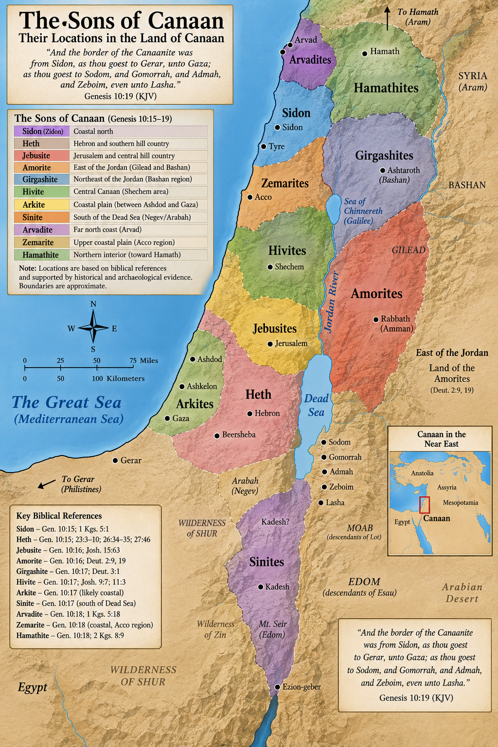 Map of the sons of Canaan and their locations in the land of Canaan